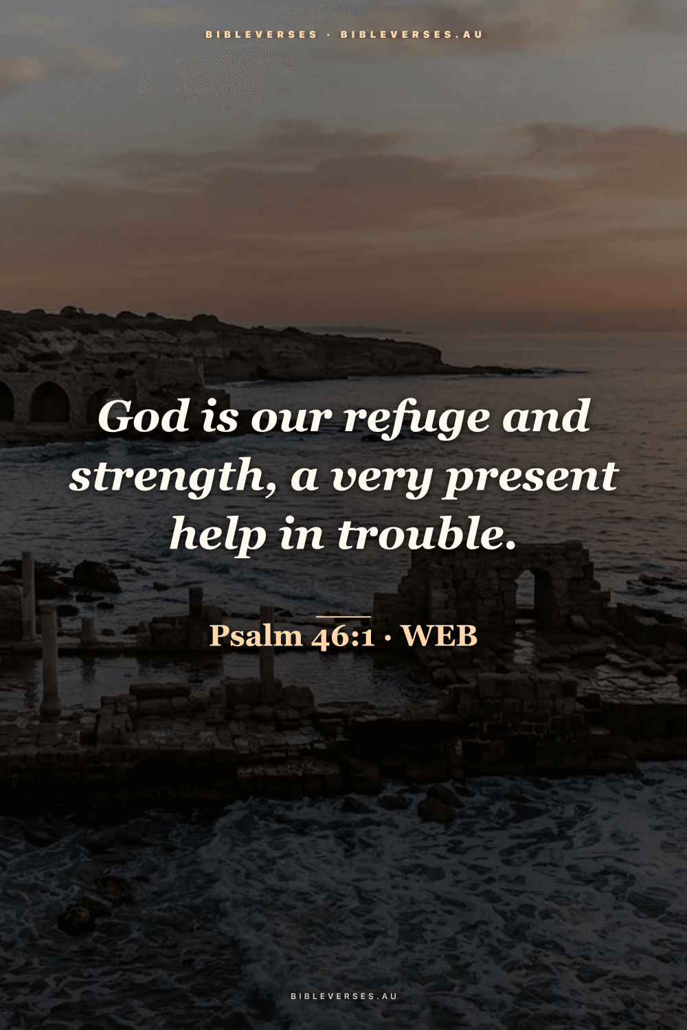 Psalm 46:1 Bible verse phone wallpaper on a Caesarea Cliffs background — free HD download from bibleverses.au
