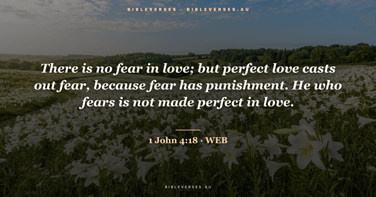 1 John 4:18 Bible verse image — "There is no fear in love; but perfect love casts out fear, because fear has punishment. He who fears is not made perfect in love." (World English Bible). Free download from bibleverses.au.