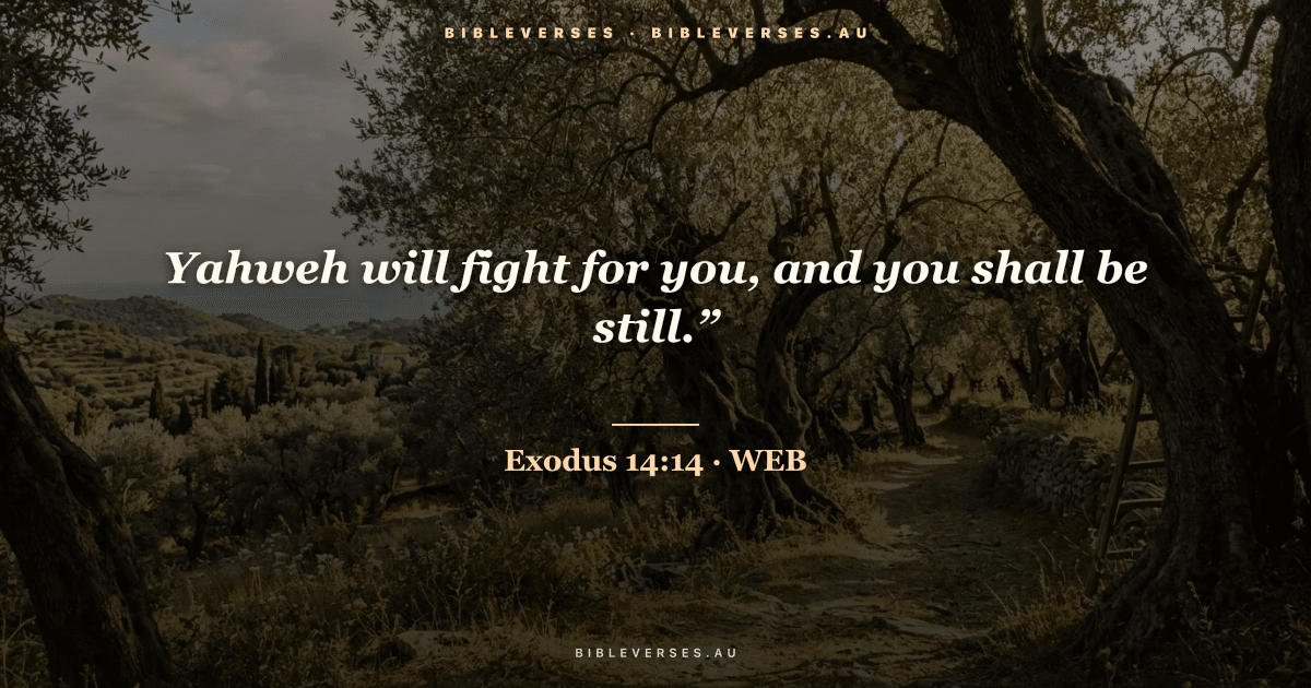 Exodus 14:14 Bible verse image — "Yahweh will fight for you, and you shall be still.”" (World English Bible). Free download from bibleverses.au.