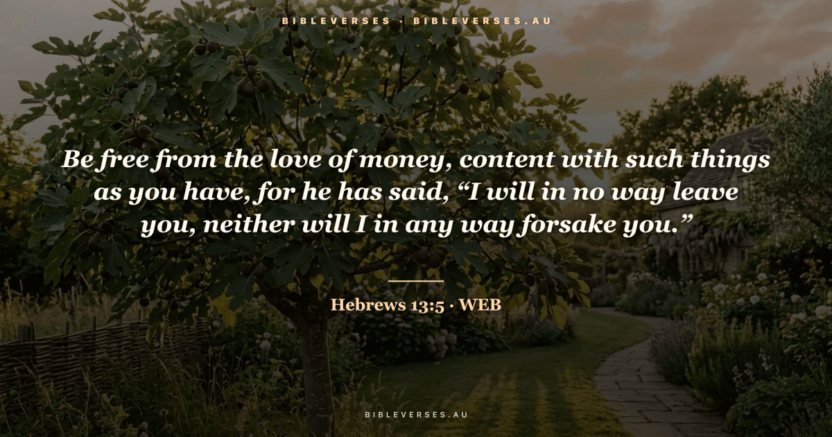 Hebrews 13:5 Bible verse image — "Be free from the love of money, content with such things as you have, for he has said, “I will in no way leave you, neither will I in any way forsake you.”" (World English Bible). Free download from bibleverses.au.
