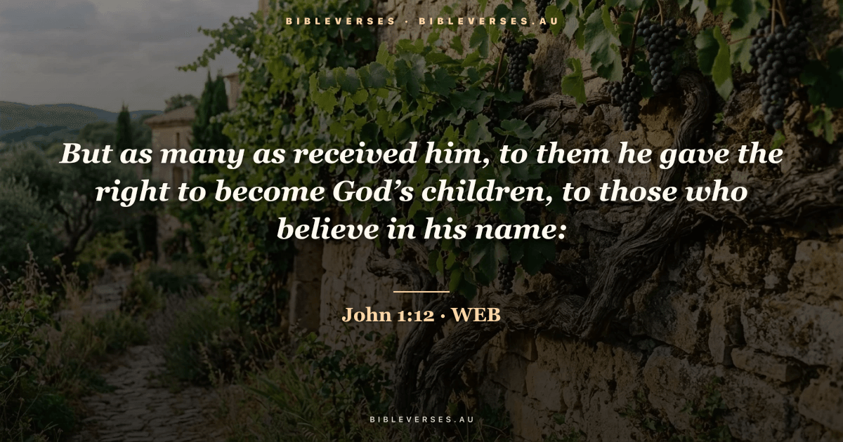 John 1:12 Bible verse image — "But as many as received him, to them he gave the right to become God’s children, to those who believe in his name:" (World English Bible). Free download from bibleverses.au.