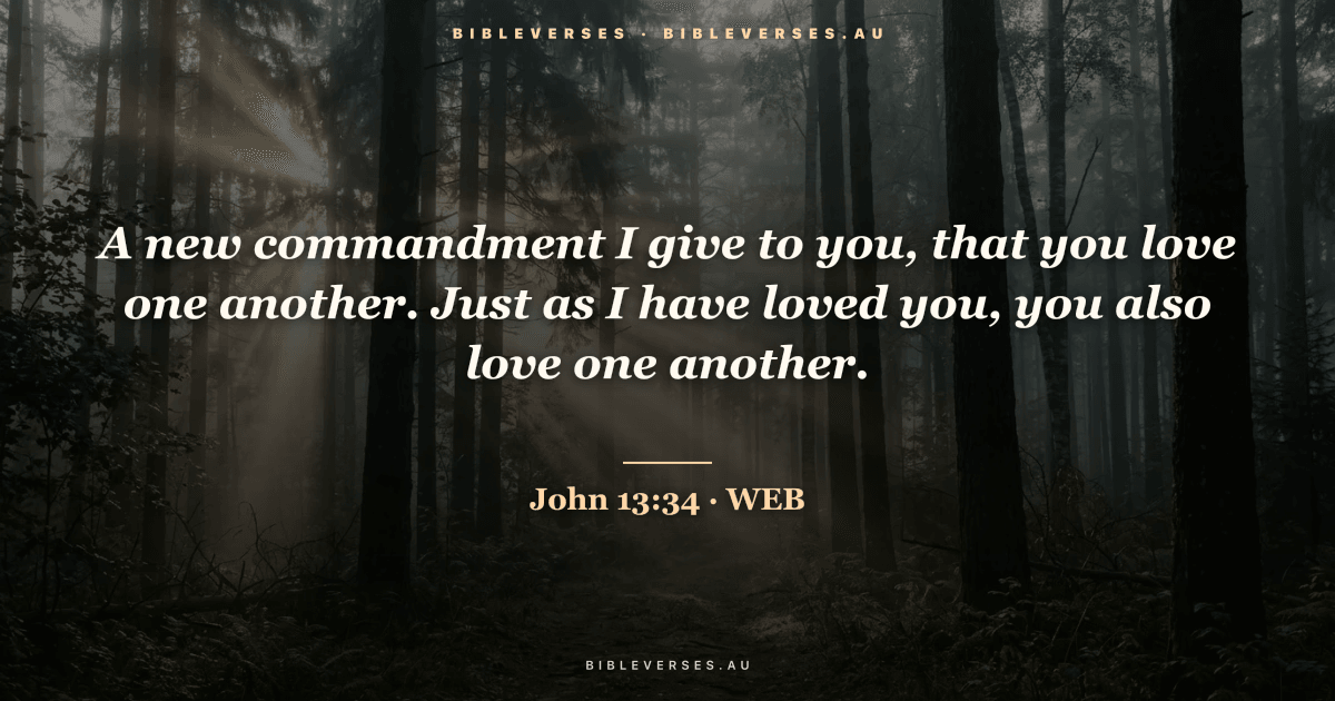 John 13:34 Bible verse image — "A new commandment I give to you, that you love one another. Just as I have loved you, you also love one another." (World English Bible). Free download from bibleverses.au.