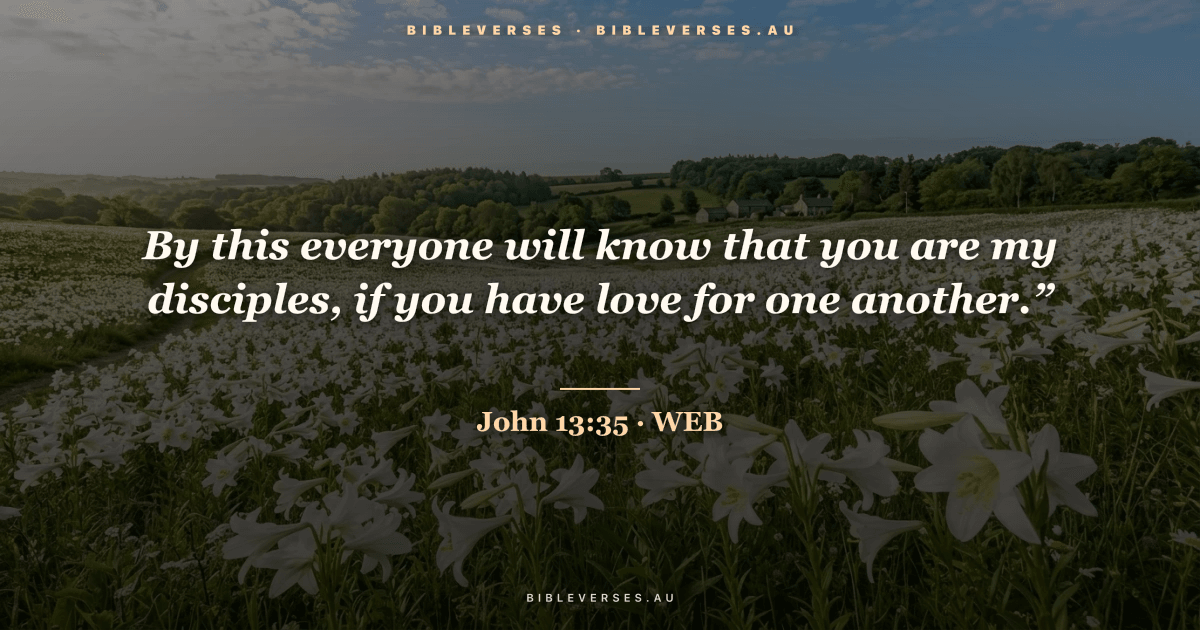 John 13:35 Bible verse image — "By this everyone will know that you are my disciples, if you have love for one another.”" (World English Bible). Free download from bibleverses.au.