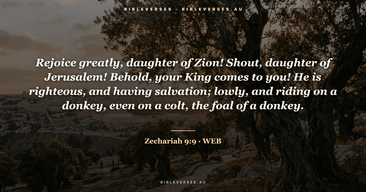 Zechariah 9:9 Bible verse image — "Rejoice greatly, daughter of Zion! Shout, daughter of Jerusalem! Behold, your King comes to you! He is righteous, and having salvation; lowly, and riding on a donkey, even on a colt, the foal of a donkey." (World English Bible). Free download from bibleverses.au.